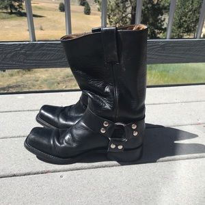Vintage black leather harness boots